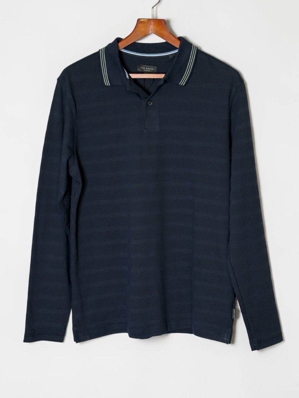 NWT Ted Baker Popcorn Stripe Long Sleeve Polo Size M Sky Captain Navy Blue - Picture 3 of 11